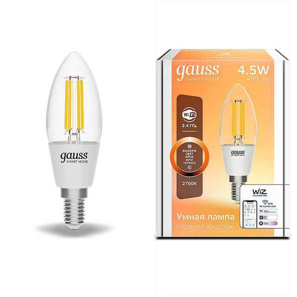 Лампа светодиодная диммируемая филаментная Gauss Smart Home Filament E14 4,5W 2700K прозрачная 1230112