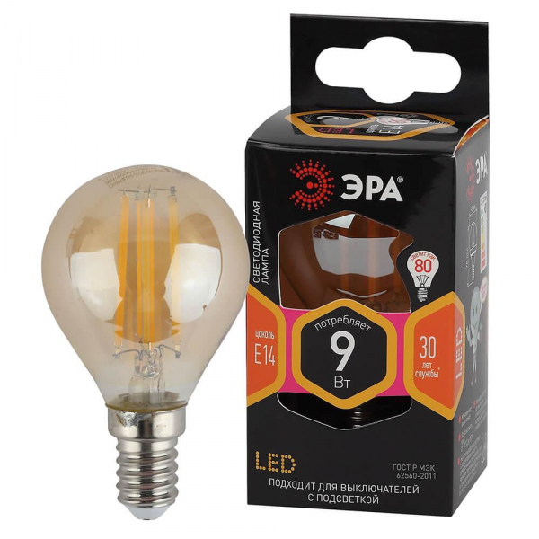 Лампа светодиодная филаментная ЭРА E14 9W 2700K золотая F-LED P45-9w-827-E14 gold Б0047022