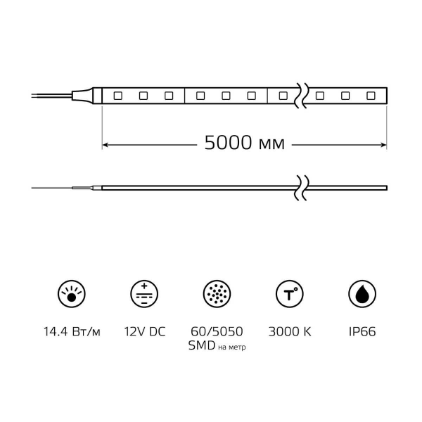 Светодиодная влагозащищенная лента Gauss 14,4W/m 60LED/m 5050SMD теплый белый 5M 311000114