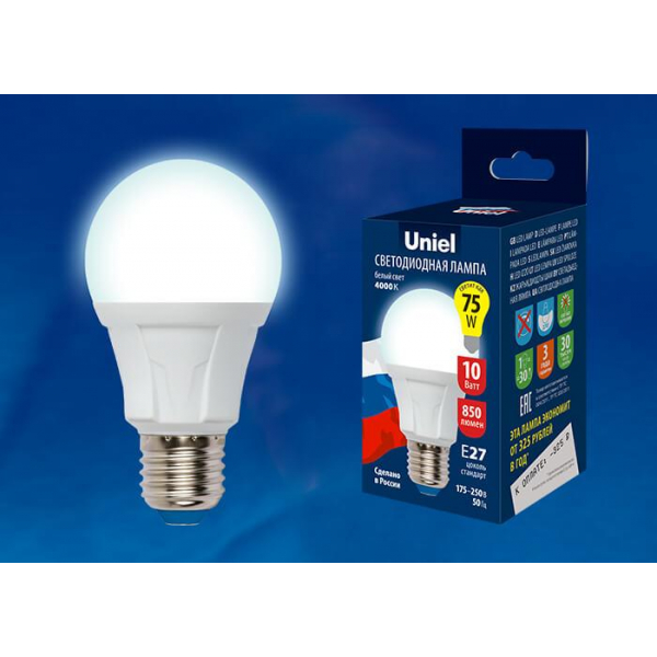 Лампа светодиодная Uniel E27 10W 6500K матовая LED-A60 10W/DW/E27/FR PLP01WH UL-00002004