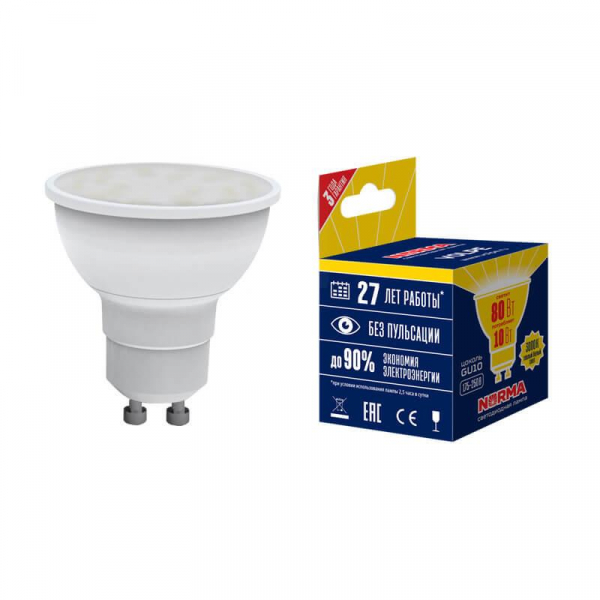 Лампа светодиодная GU10 10W 3000K матовая LED-JCDR-10W/WW/GU10/NR UL-00003842