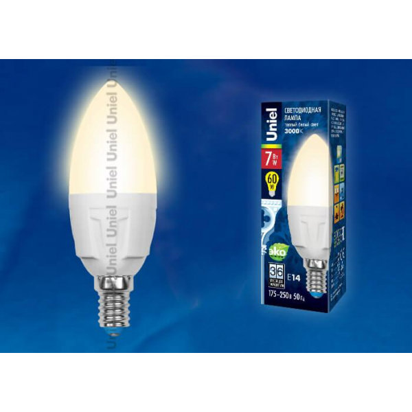 Лампа светодиодная Uniel E14 7W 3000K матовая LED-C37 7W/WW/E14/FR PLP01WH UL-00002413